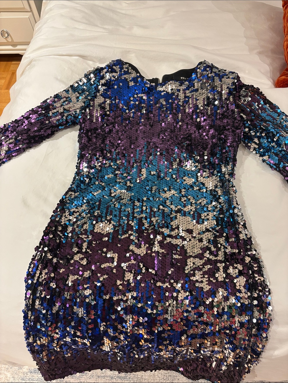 Sequin Ombre Long-Sleeve Dress in Purple, Blue, and Gold